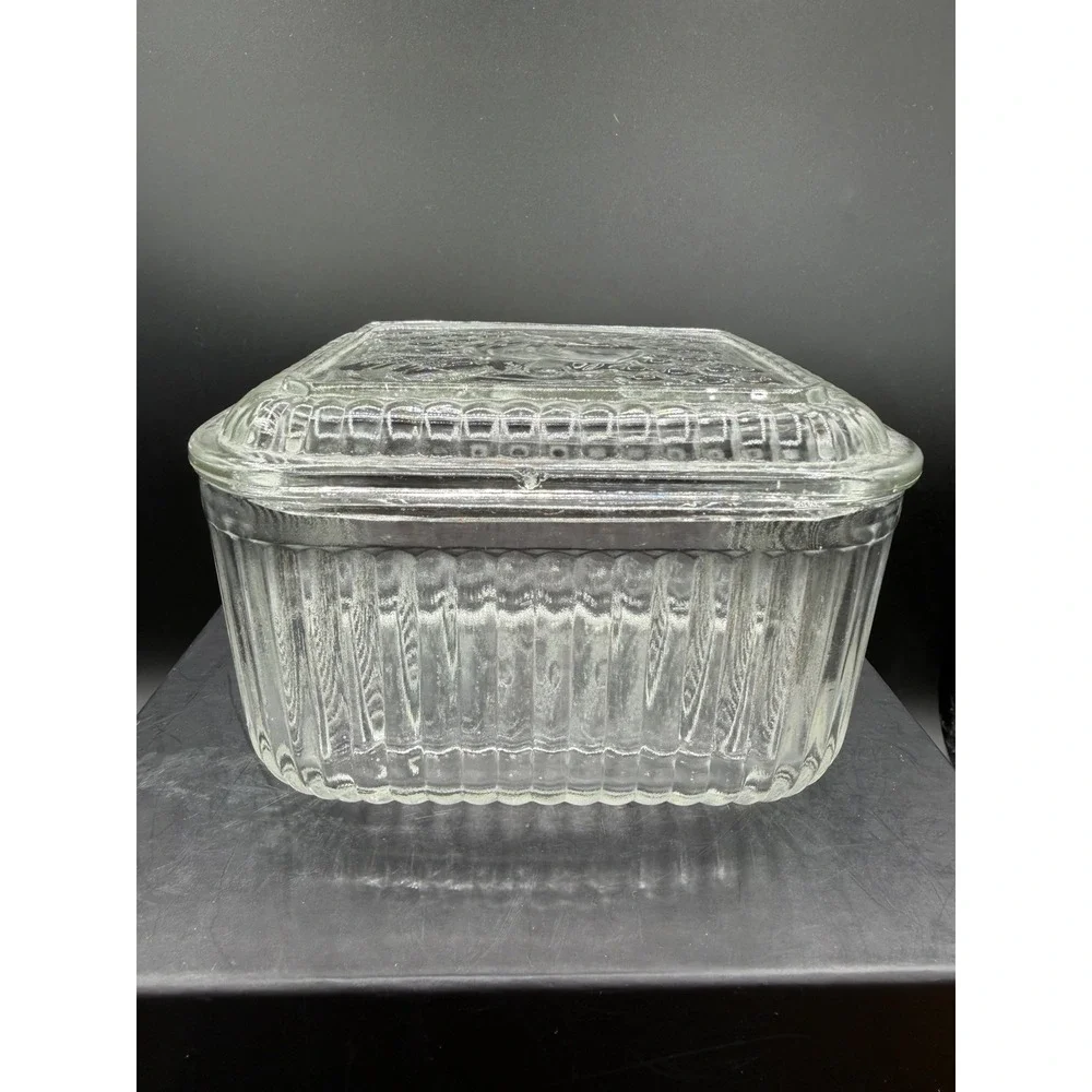🍇Vintage Anchor Hocking Ribbed Glass Refrigerator Dish w/ Lid - Fruit Accents